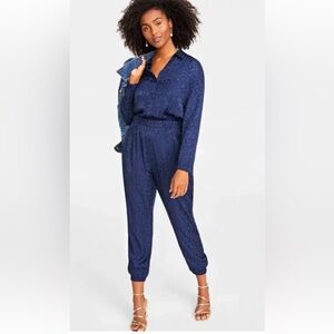 NWT On 34th Animal Print Jacquard Jumpsuit Blue Size M Long Sleeve Button Front